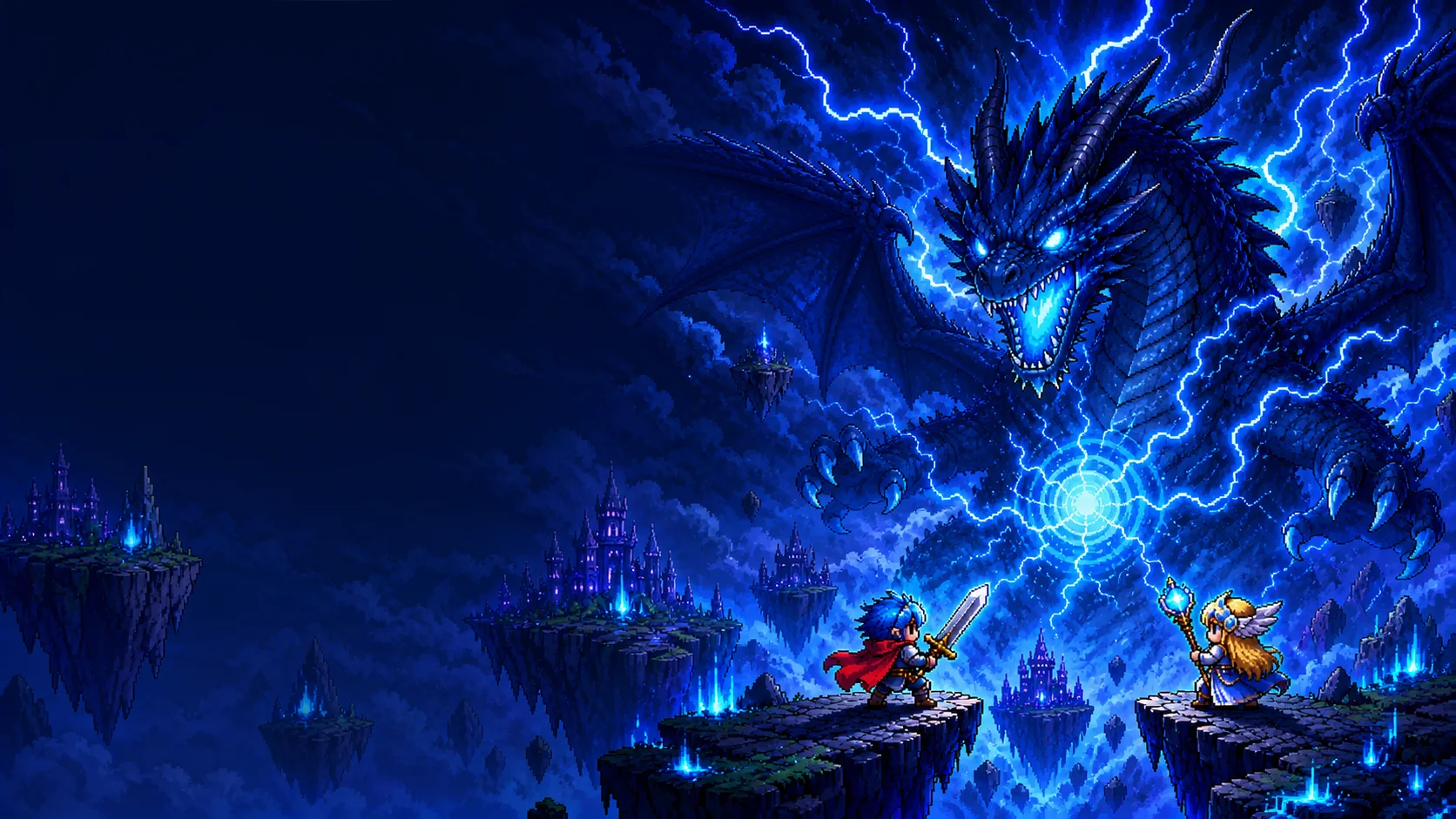 Pixel heroes face a lightning dragon above floating islands